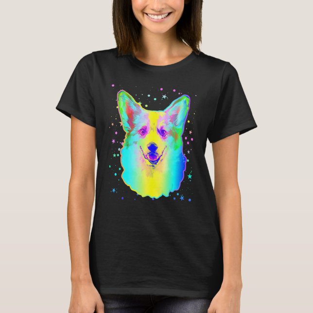 Camiseta Rosto de Cachorro Corgi Adorável Arco-íris Espaço  (Frente)
