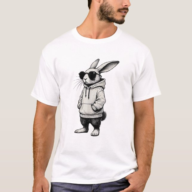 Camiseta Rosto de Coelho com Óculos de Sol Dia da Páscoa pa (Frente)