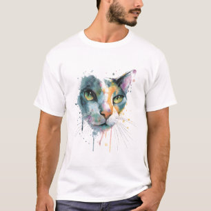 Camiseta Rosto de Gato Aquarela Abstrata Arte Colorida.