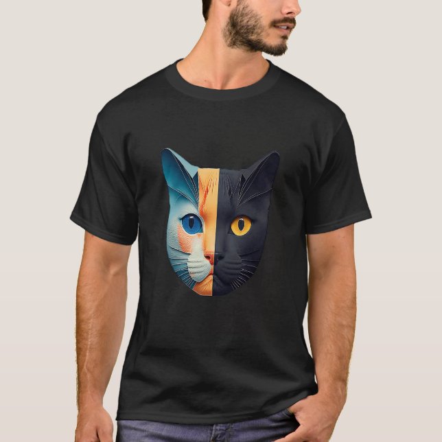 Camiseta Rosto de Gato Artístico com Contraste de Cor (Frente)