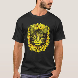 Camiseta Rosto de Gato Artístico no meio do Caule de Girass