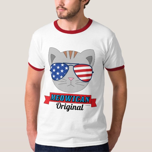 Camiseta Rosto de Gato com Óculos de Sol da Bandeira Americ (Frente)