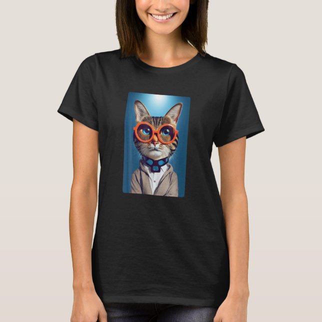 Camiseta Rosto de Gato Com Óculos Funky Retro Nerd Gato (Frente)