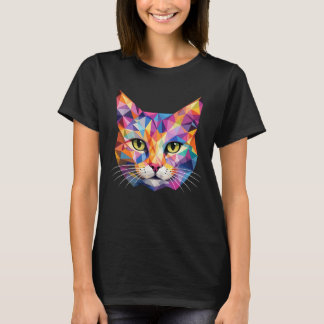 Camiseta Rosto de Gato Geométrico Colorido Arte de Triângul
