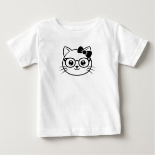 Camiseta Rosto de Gato Nerdy Kawaii com Óculos e Laço em Li