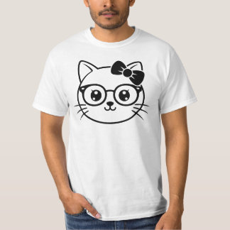 Camiseta Rosto de Gato Nerdy Kawaii com Óculos e Laço em Li