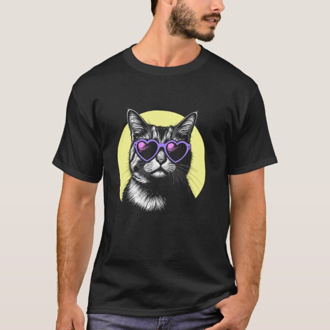 Camiseta Rosto de Gato Usando Óculos de Sol de Coração, Leg (Frente)