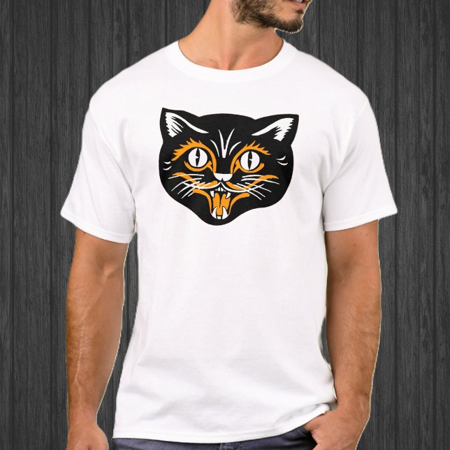 Camiseta Rosto de Gato Vintage de Halloween (Happy black vintage Halloween cat face with orange and white accents on a tee shirt.)
