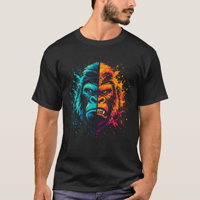 Camiseta Rosto de Gorila Dividido Pop Art Tinta Salpicada (Frente)