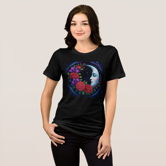 Camiseta Rosto de Lua Celestial Encantada & Floral Mística (Frente Completa)