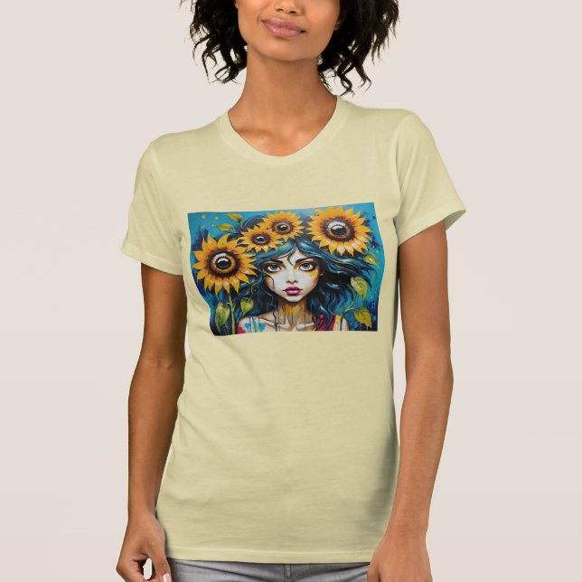 Camiseta Rosto de Menina Expressiva Com Girassóis (Frente)