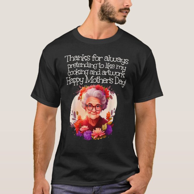 Camiseta Rosto de vovó bonito com flores para D de mãe feli (Frente)