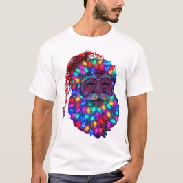 Camiseta Rosto do Papai Noel Feito com Luzes de Árvore de N