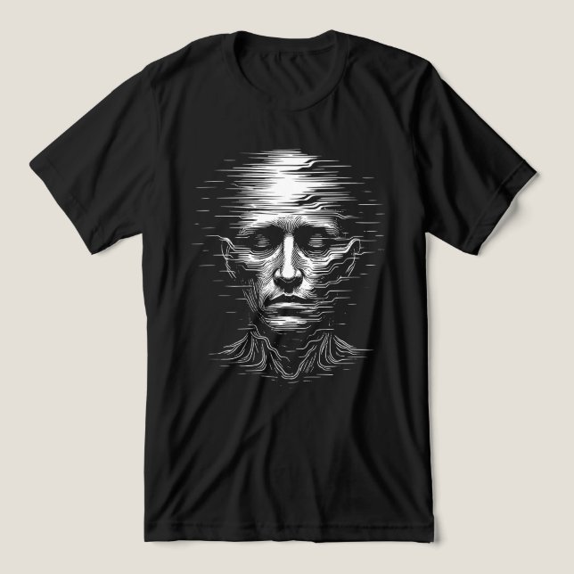 Camiseta Rosto Humano com Falhas – Distorção Digital Brutal (Design frontal)