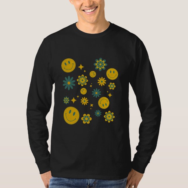 Camiseta rosto sorridente engraçado e flores descoladas (Frente)