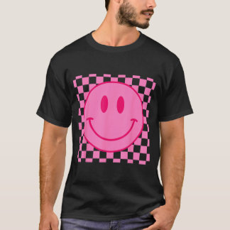 Camiseta Rosto Sorridente Feliz Rosa com Padrão Xadrez