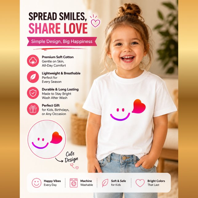 Camiseta Rosto Sorridente Fofo com Coração – Vibrações Feli (Criador carregado)