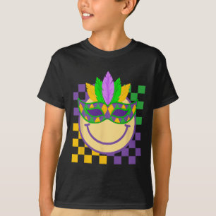 Camiseta Rosto Sorridente Groovy de Mardi Gras Usando Másca