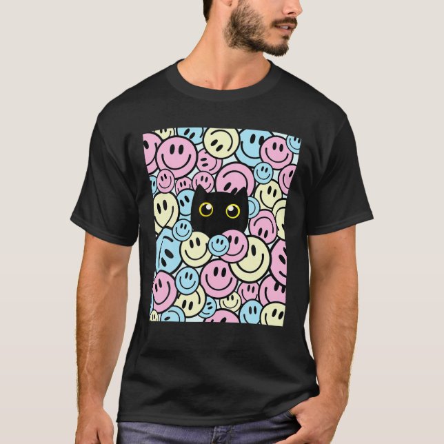 Camiseta Rosto Sorridente Sorriso Feliz Gato Rosa Azul Amar (Frente)