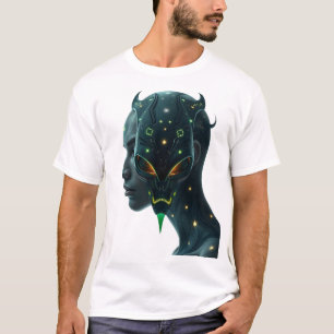 Camiseta Rosto Tribal Cósmico com Tatuagens Astrais