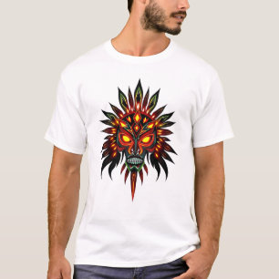 Camiseta Rosto Tribal Vibrante com Padrão Sunburst