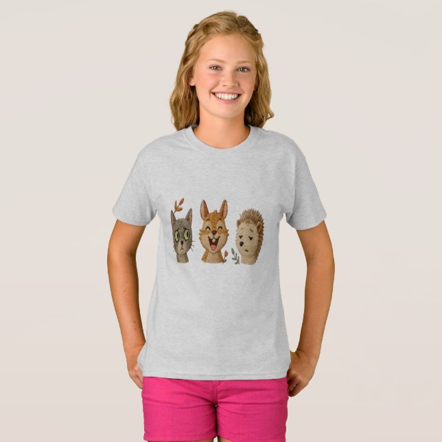 Camiseta Rostos Caprichosos da Floresta – Animais Embroider (Frente Completa)
