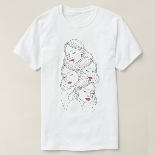 Camiseta Rostos Femininos Sonhadores em Impressão, Olhos Fe (Frente do Design)
