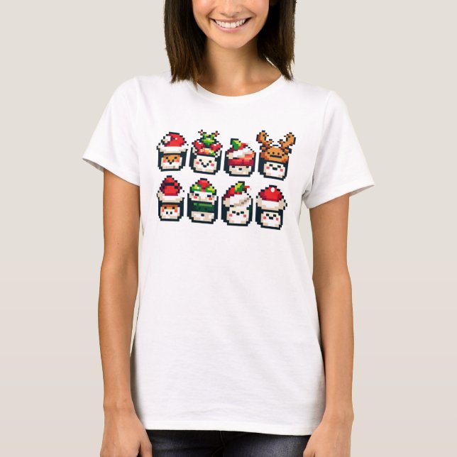 Camiseta Rostos Sushi de Natal - Feriado em Pixel de Arte (Frente)