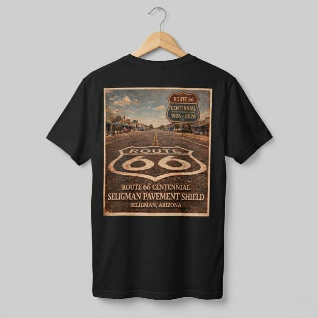 Camiseta Rota 66 Centenário Roupas de Pavimento de Seligman (Criador carregado)