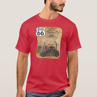 Camiseta Rota 66 com carro e postos de gasolina velhos