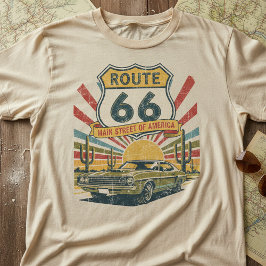 Camiseta Rota 66 Vintage, Carro Clássico Americano Retro