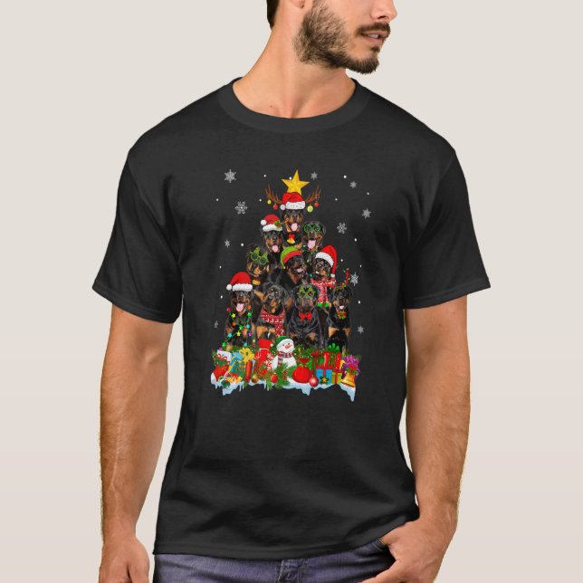 Camiseta Rottweiler Cachorro Árvore de Natal Luzes Xmas Pap (Frente)