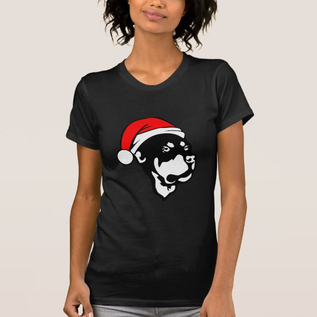 Camiseta Rottweiler Cachorro vestindo Natal Vermelho Chapéu (Frente)