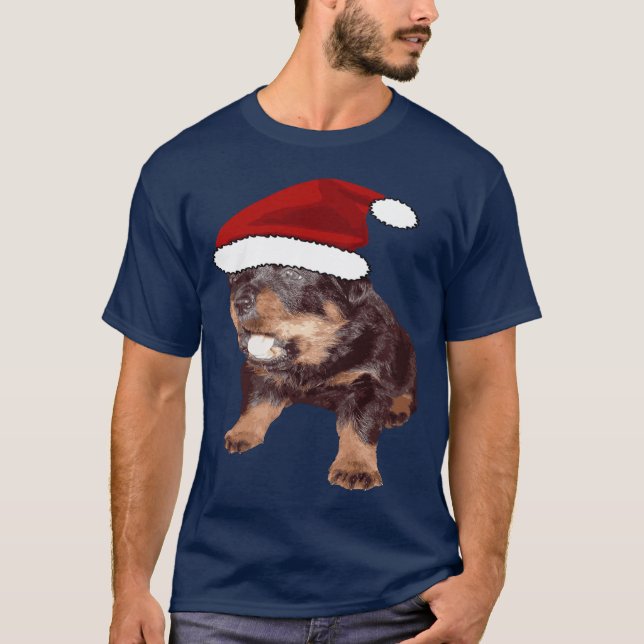 Camiseta Rottweiler De Natal Bonito Com Chapéu Vermelho De  (Frente)