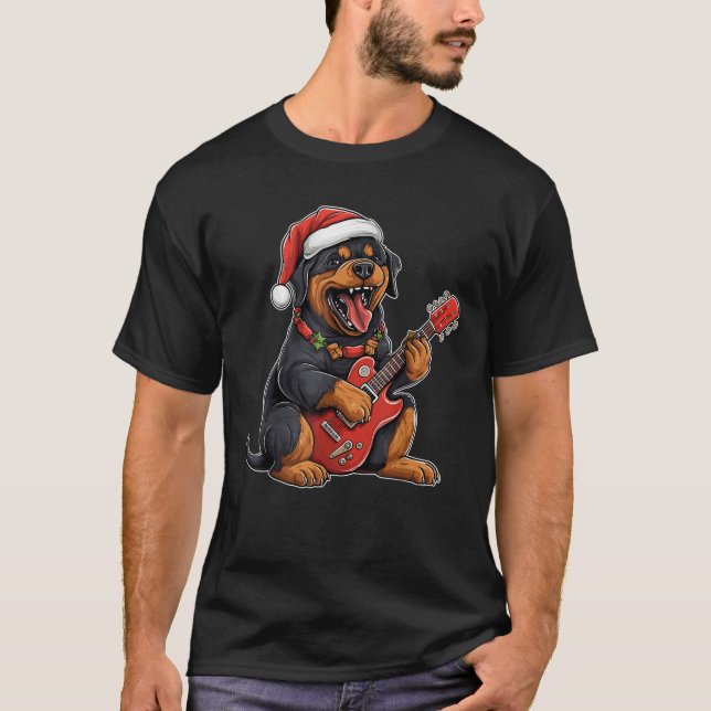 Camiseta Rottweiler Dog Playing Guitar Santa Hat Xmas Chris (Frente)