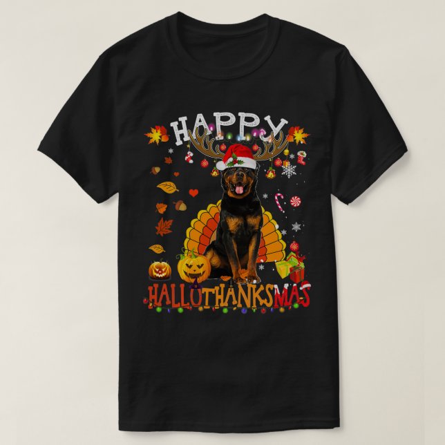 Camiseta Rottweiler Happy Hallothanksmas Halloween Thanksgi (Frente do Design)