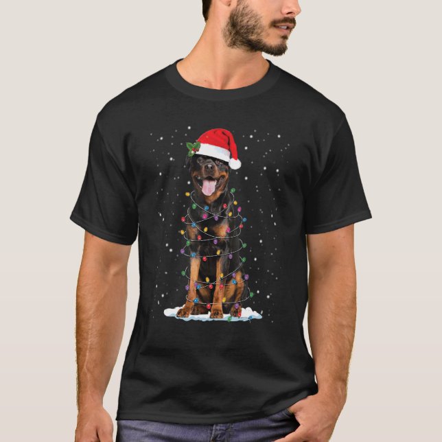 Camiseta Rottweiler Luzes de Natal e Cão de Natal do Santa  (Frente)