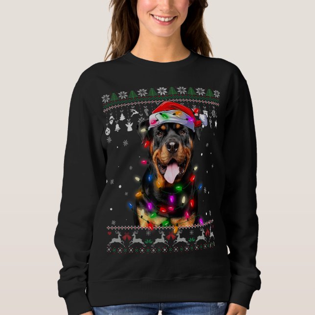Camiseta Rottweiler Santa Hat Árvore de Natal Luzes Xmas Ug (Frente)