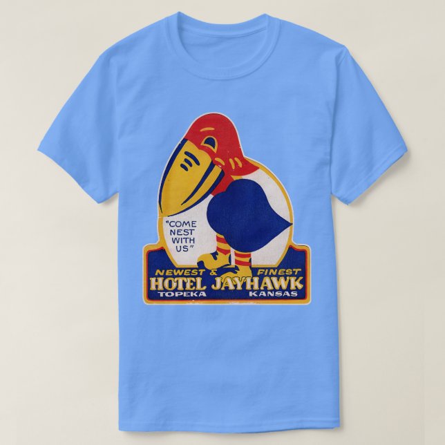 Camiseta Rótulo de Bagagens do Defunct Hotel Jayhawk Topeka (Frente do Design)