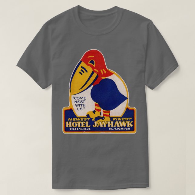Camiseta Rótulo de Bagagens do Defunct Hotel Jayhawk Topeka (Frente do Design)