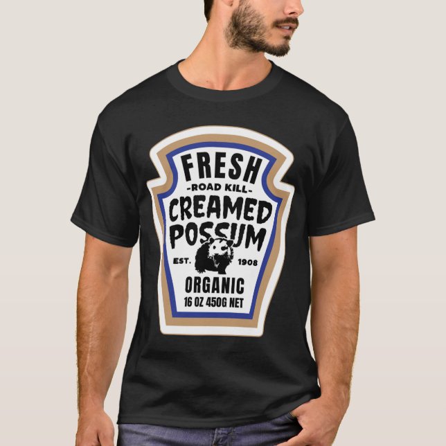 Camiseta Rótulo de Comida de Possum de Dia de as Bruxas eng (Frente)