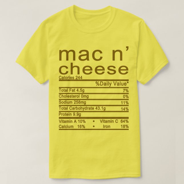 Camiseta rótulo de Fatos Nutricionais de Mac e Queijos (Frente do Design)