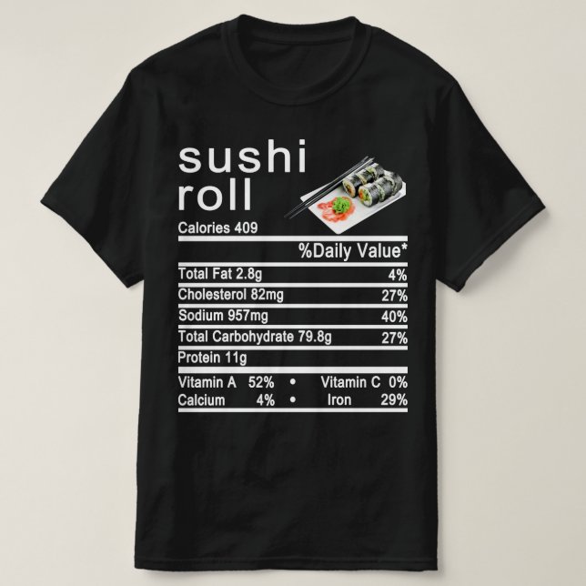 Camiseta rótulo de Fatos Nutricionais de rolo sushi (Frente do Design)