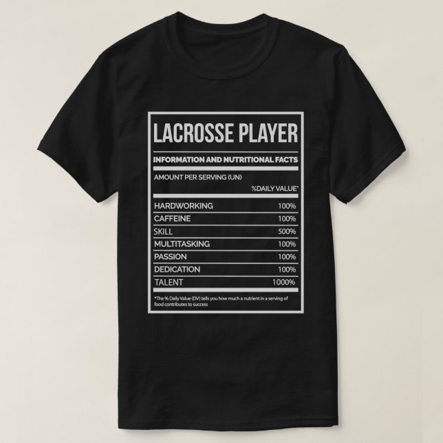 Camiseta Rótulo de Nutrição de Lacrosse Funny Lacrosse para (Frente do Design)