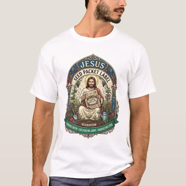 Camiseta Rótulo de Pacote de Sementes Jesus Pacote de Semen (Frente)