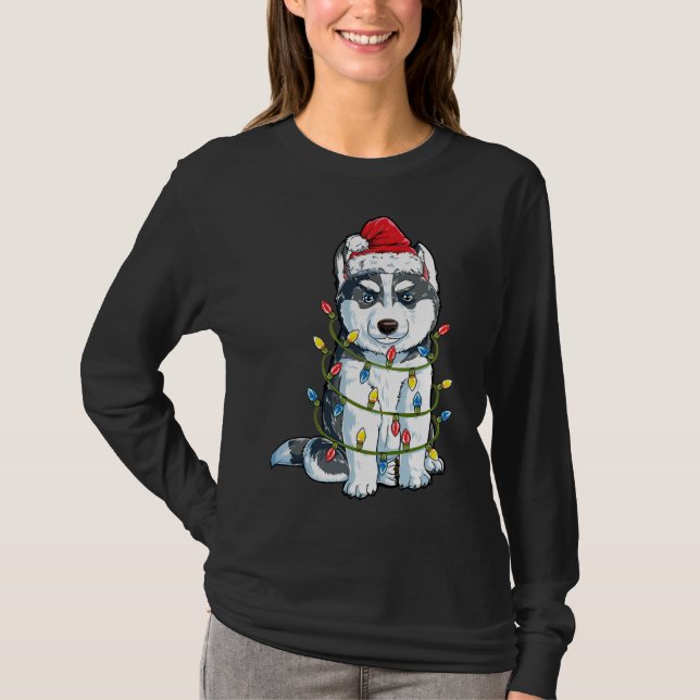 Camiseta Rouco Com Santa Hat Huskey Engraçado Cachorro (Frente)