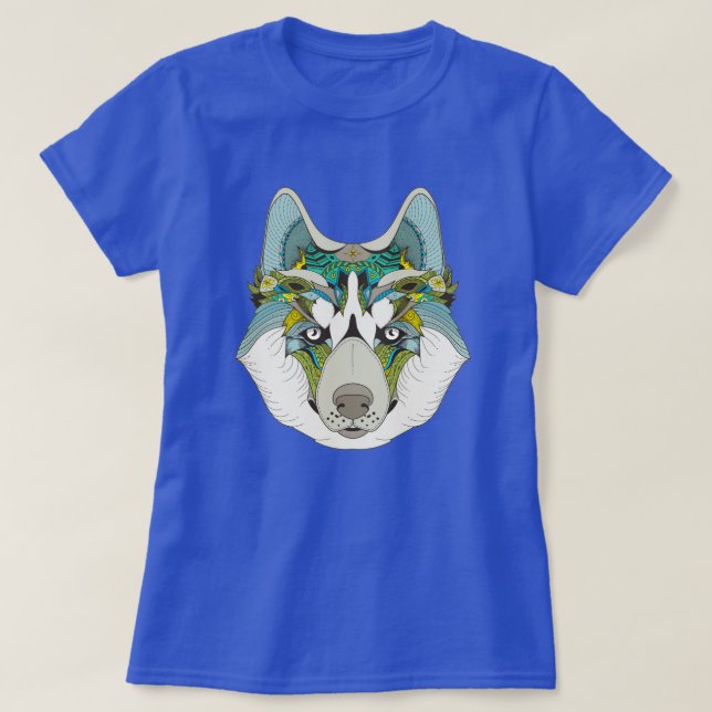 Camiseta Rouco de lobo embelezado de azul verde (Frente do Design)