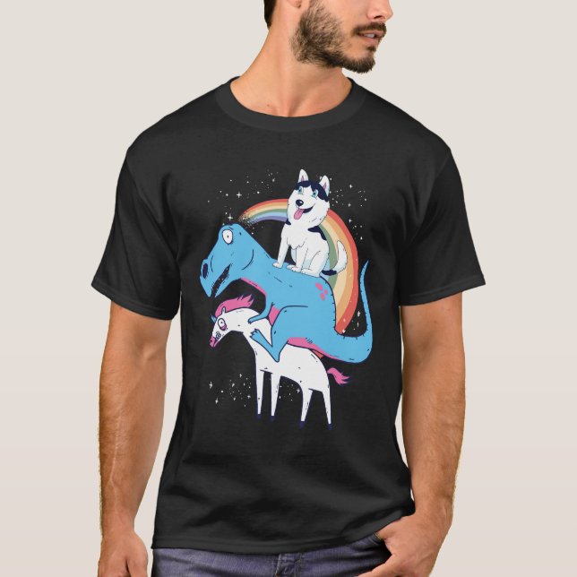 Camiseta Rouco Unicorn Rex Siberian Husky Dinossaur Riding (Frente)