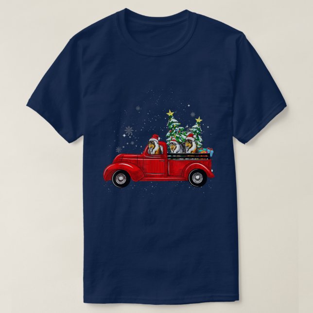 Camiseta Rough Collie Dog Driving Xmas Truck Christmas Tree (Frente do Design)