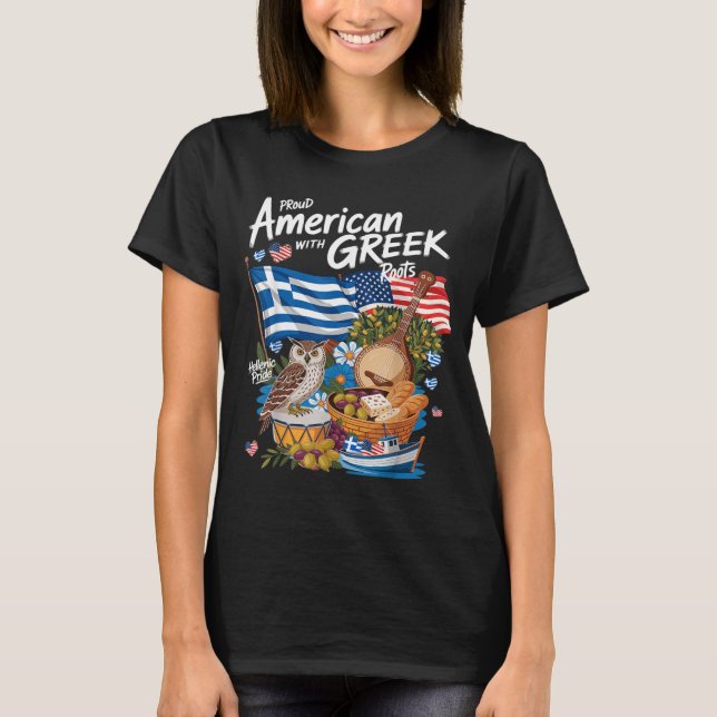Camiseta Roupa Com A Bandeira Grega Americana Para Mulheres (Frente)